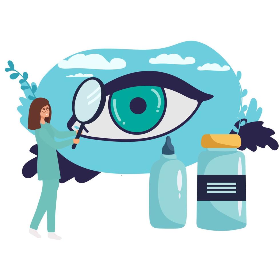 Illustration of eye drop bottles and eye care